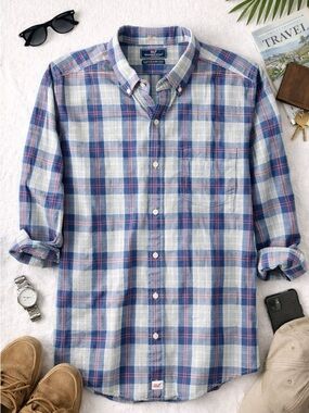 Vineyard Vines Classic Fit Murray Shirt Plaid Button Down Size L Cotton Linen